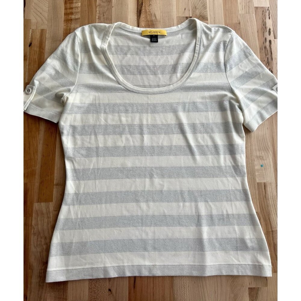 St John Women's Short Sleeve Stretch Knit Top Ivory Metallic Silver Stripe M